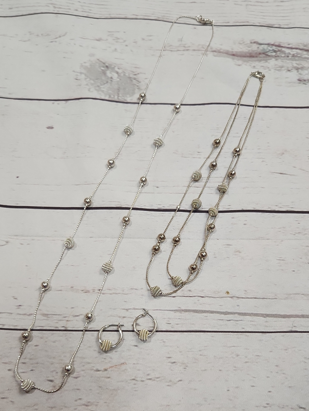 Classic Silver-Tone Bead & Spiral Layered Necklace with Matching Hoop Earrings